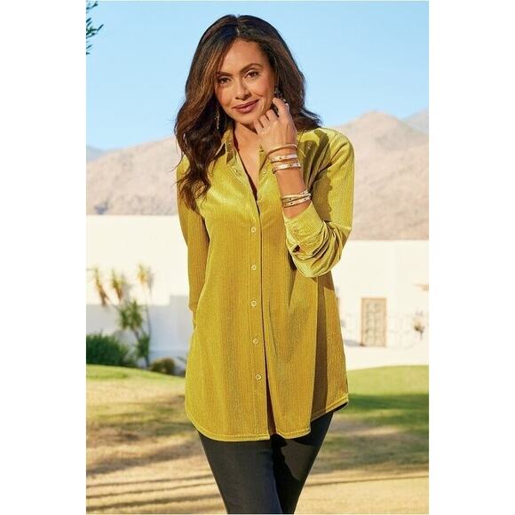 SOFT SURROUNDINGS VELVET LONG SLEEVE BUTTON FRONTBLOUSE SZ MEDIUM MUSTARD YELLOW - Picture 9 of 10